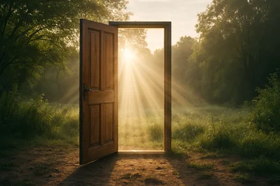 Open Wooden Door Standing In A Sunny Forest Clearing