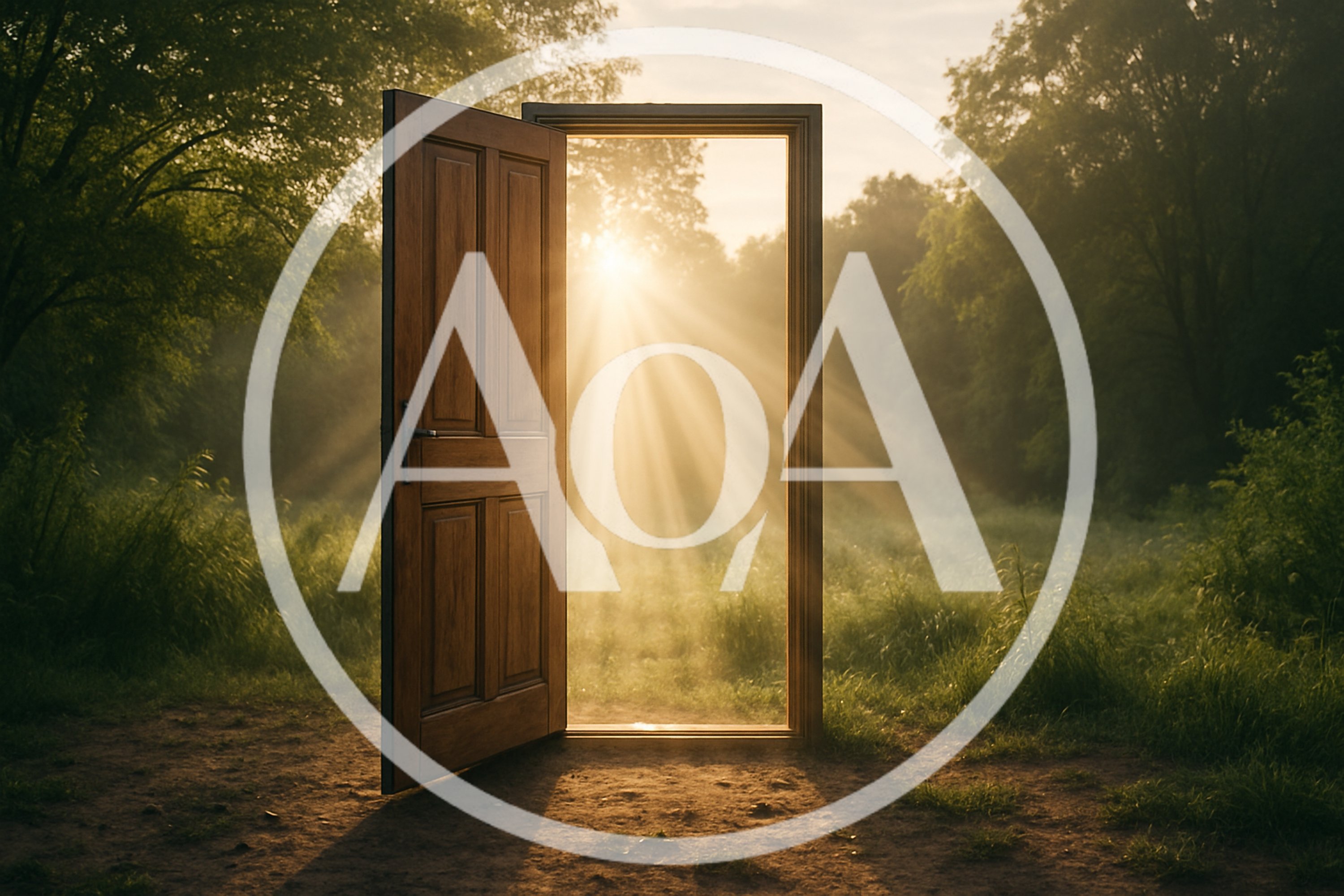 Open Wooden Door Standing In A Sunny Forest Clearing