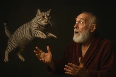 Surprised Elderly Man Reacting To A Floating Cat