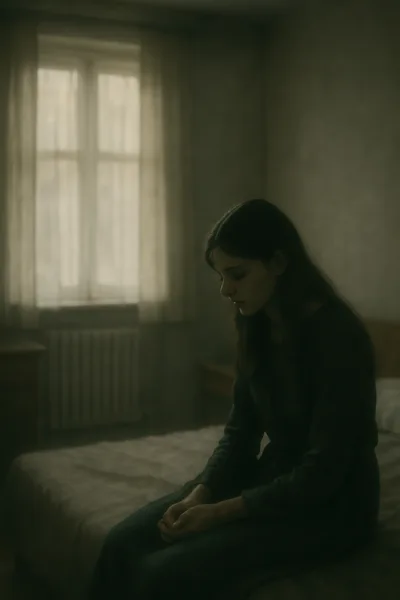 Sad Young Woman Sitting Alone On A Bed