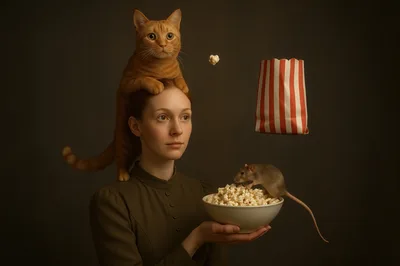 Woman With Cat On Head And Rat Eating Popcorn