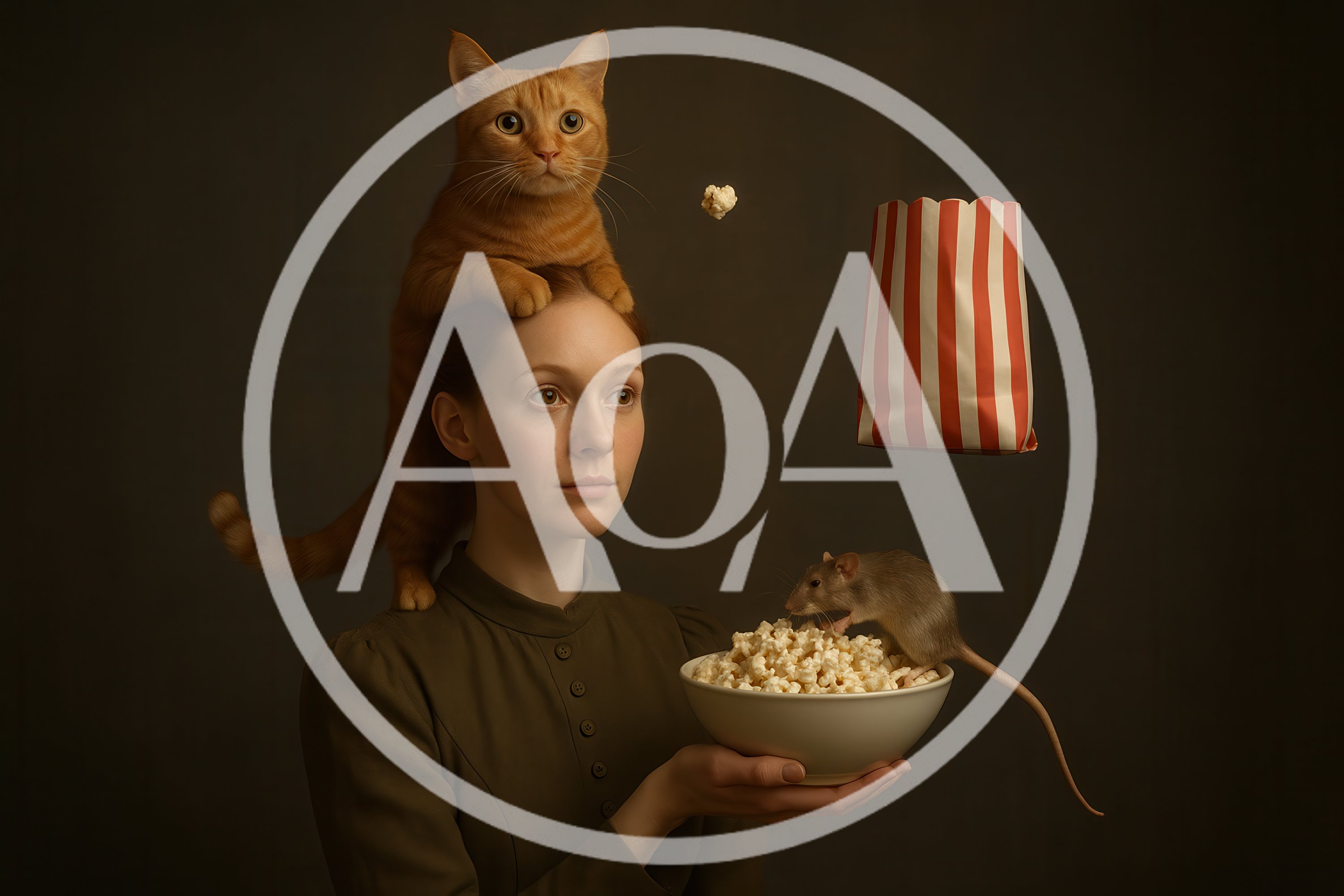Woman With Cat On Head And Rat Eating Popcorn