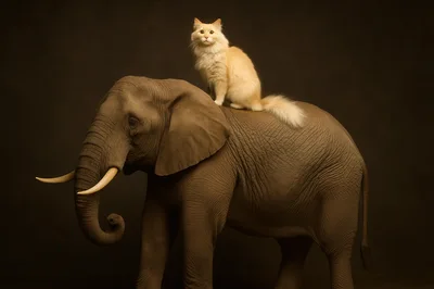 Cream Colored Cat Sitting On An Elephant Back