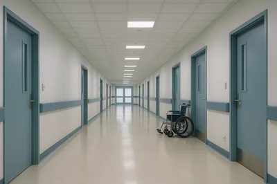 Empty Hospital Corridor With A Single Wheelchair