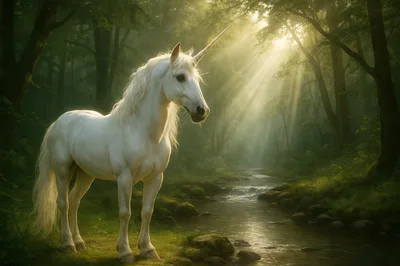 Majestic White Unicorn Standing By A Forest Stream
