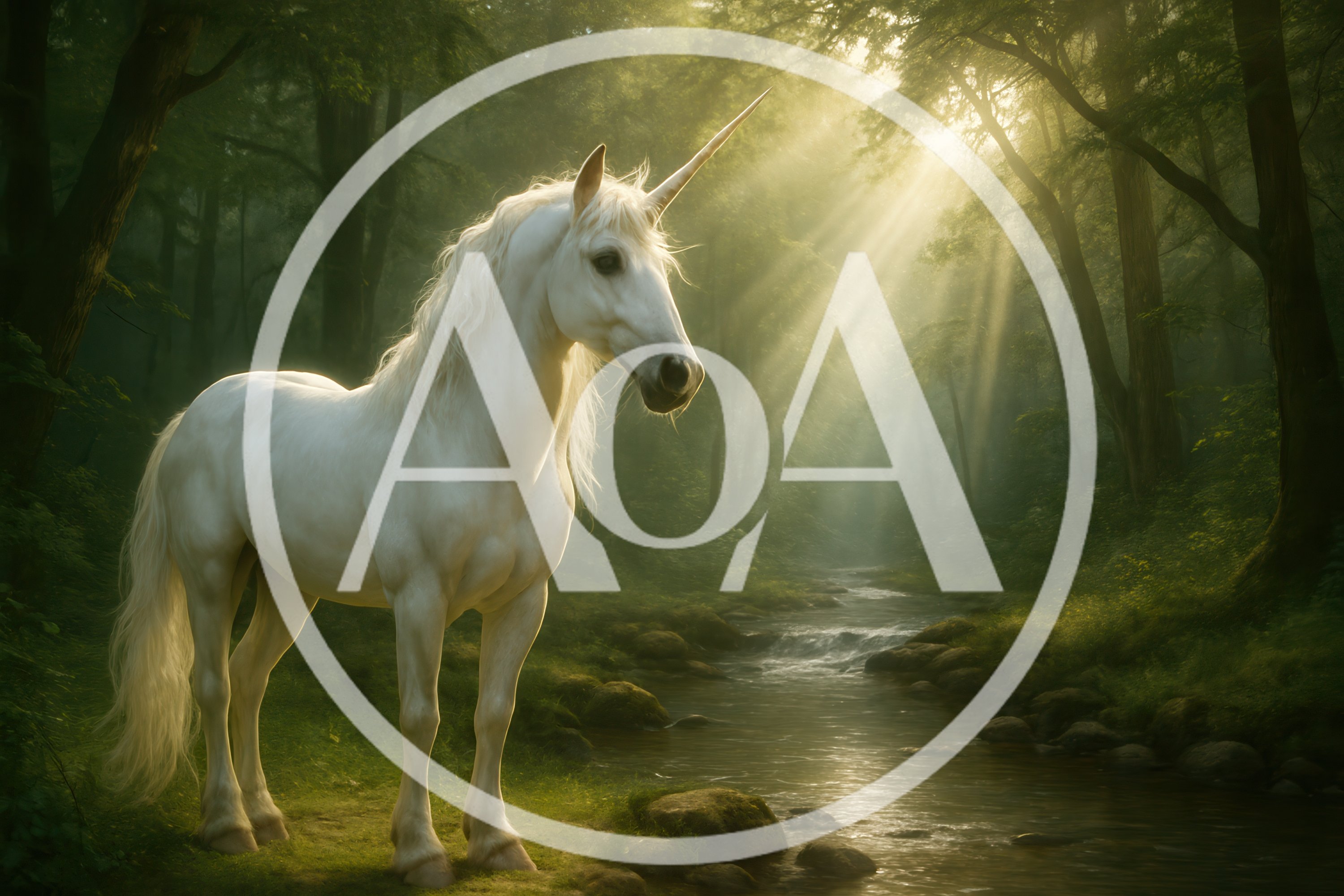 Majestic White Unicorn Standing By A Forest Stream
