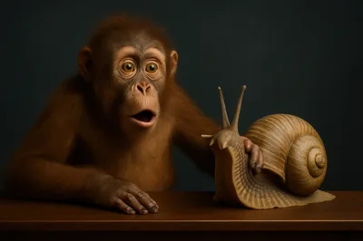 Surprised Chimpanzee Touching A Large Snail On Table