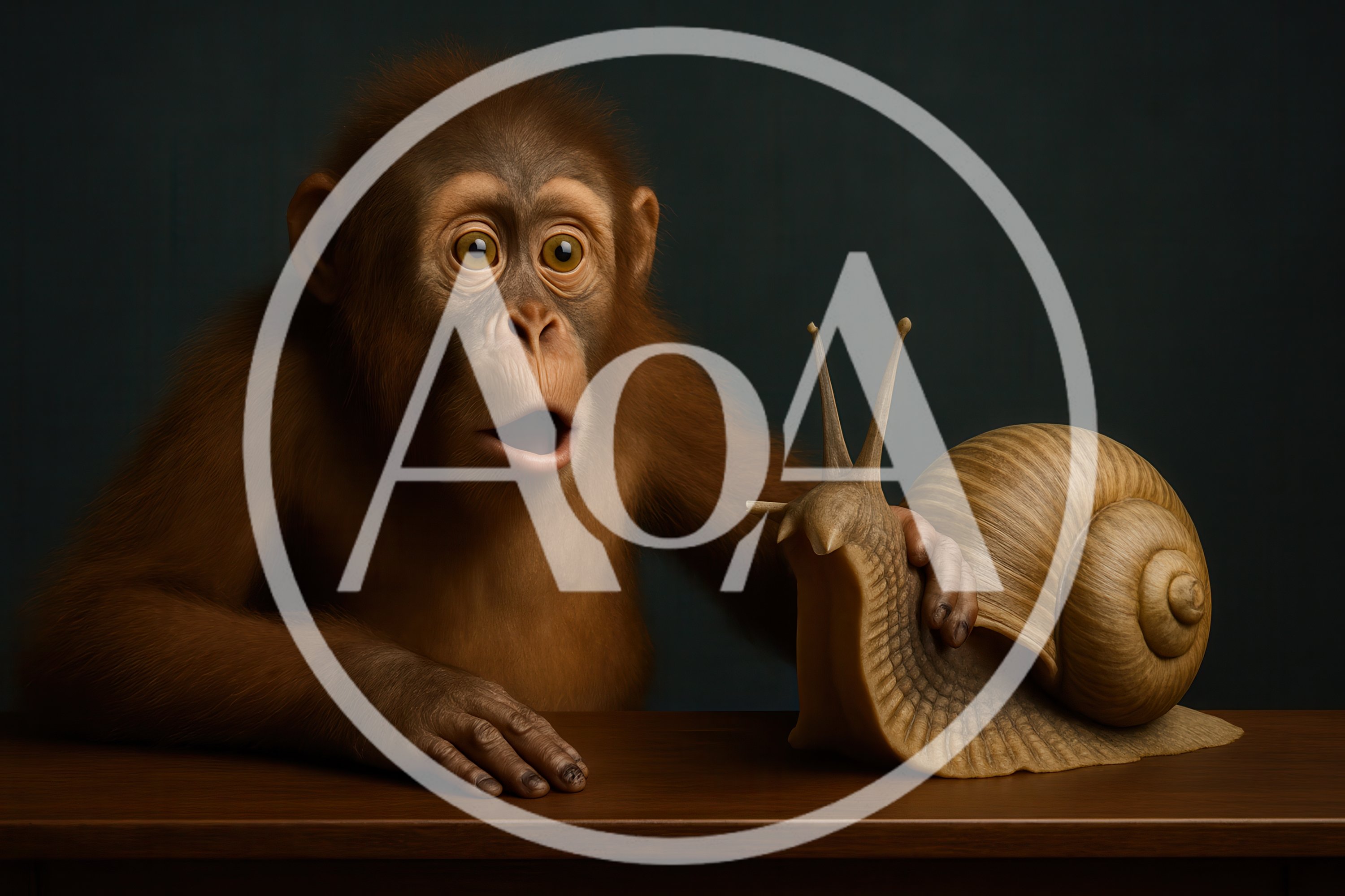 Surprised Chimpanzee Touching A Large Snail On Table