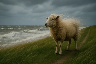 Sheep Standing On A Windy Coastal Path