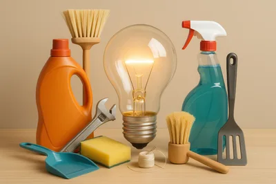 Household Cleaning Supplies and Tools with Glowing Lightbulb