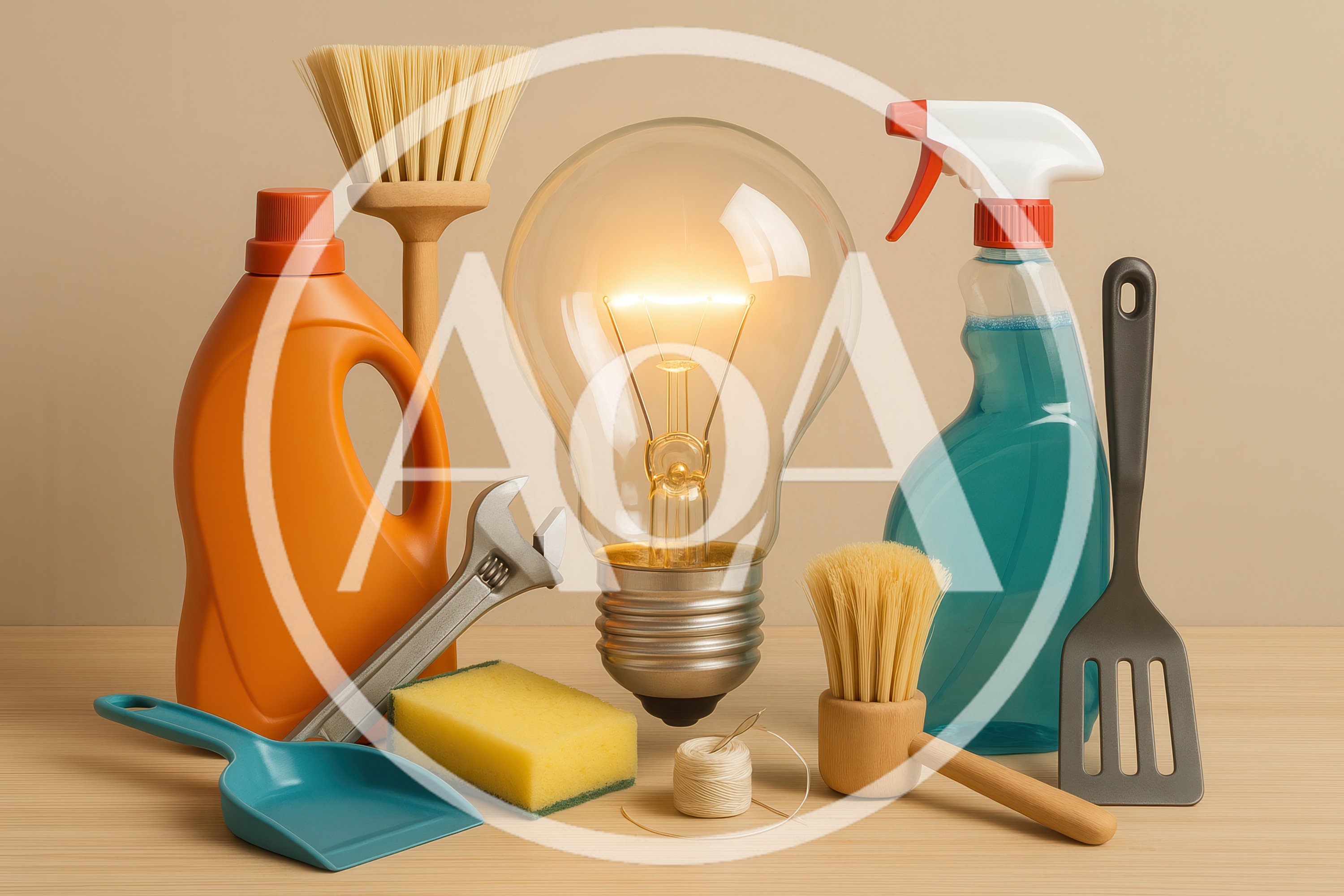 Household Cleaning Supplies and Tools with Glowing Lightbulb