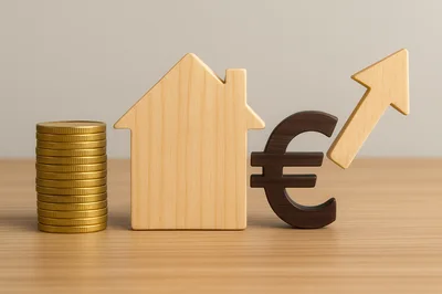Wooden House Model With Euro Symbol And Rising Arrow
