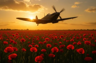 Vintage Spitfire Airplane Flying Over A Poppy Field