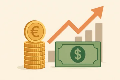 Euro Coins Stack and Dollar Bill with Growth Chart