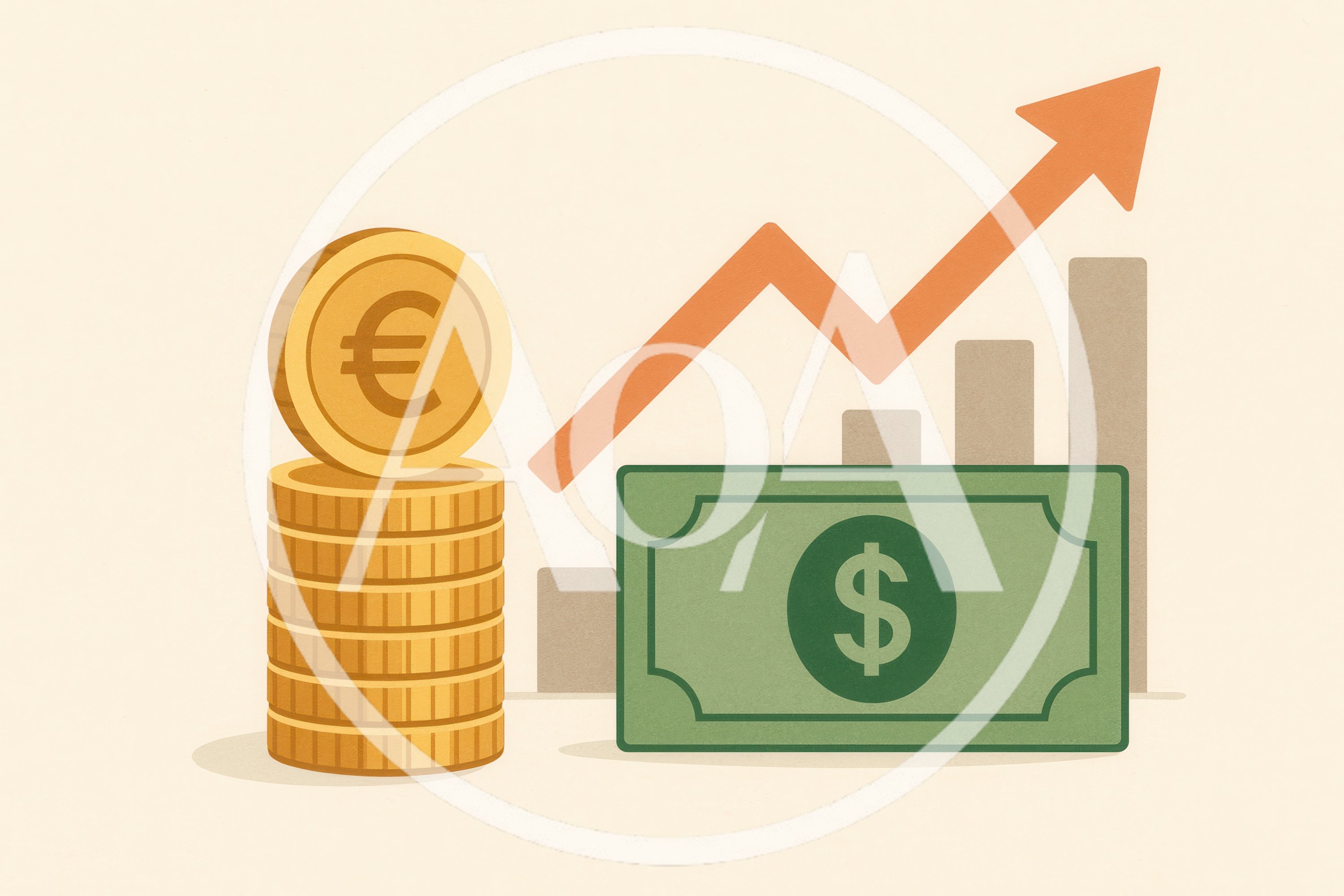 Euro Coins Stack and Dollar Bill with Growth Chart