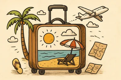 Hand Drawn Travel Suitcase With Beach Vacation Illustration