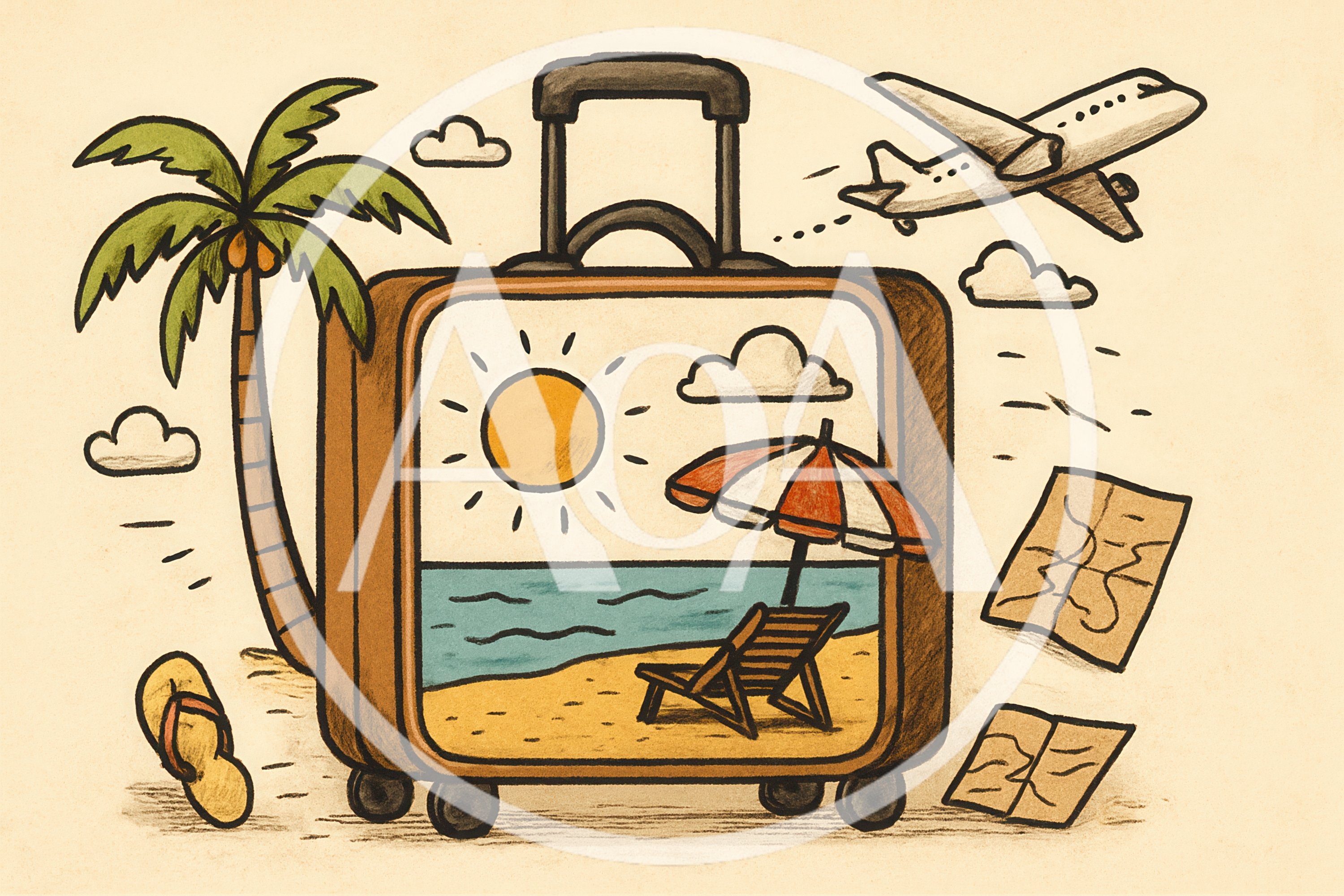 Hand Drawn Travel Suitcase With Beach Vacation Illustration