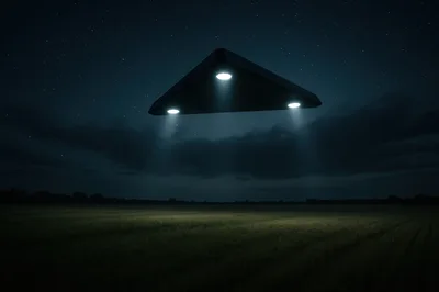 Triangular UFO Hovering Over A Dark Rural Field