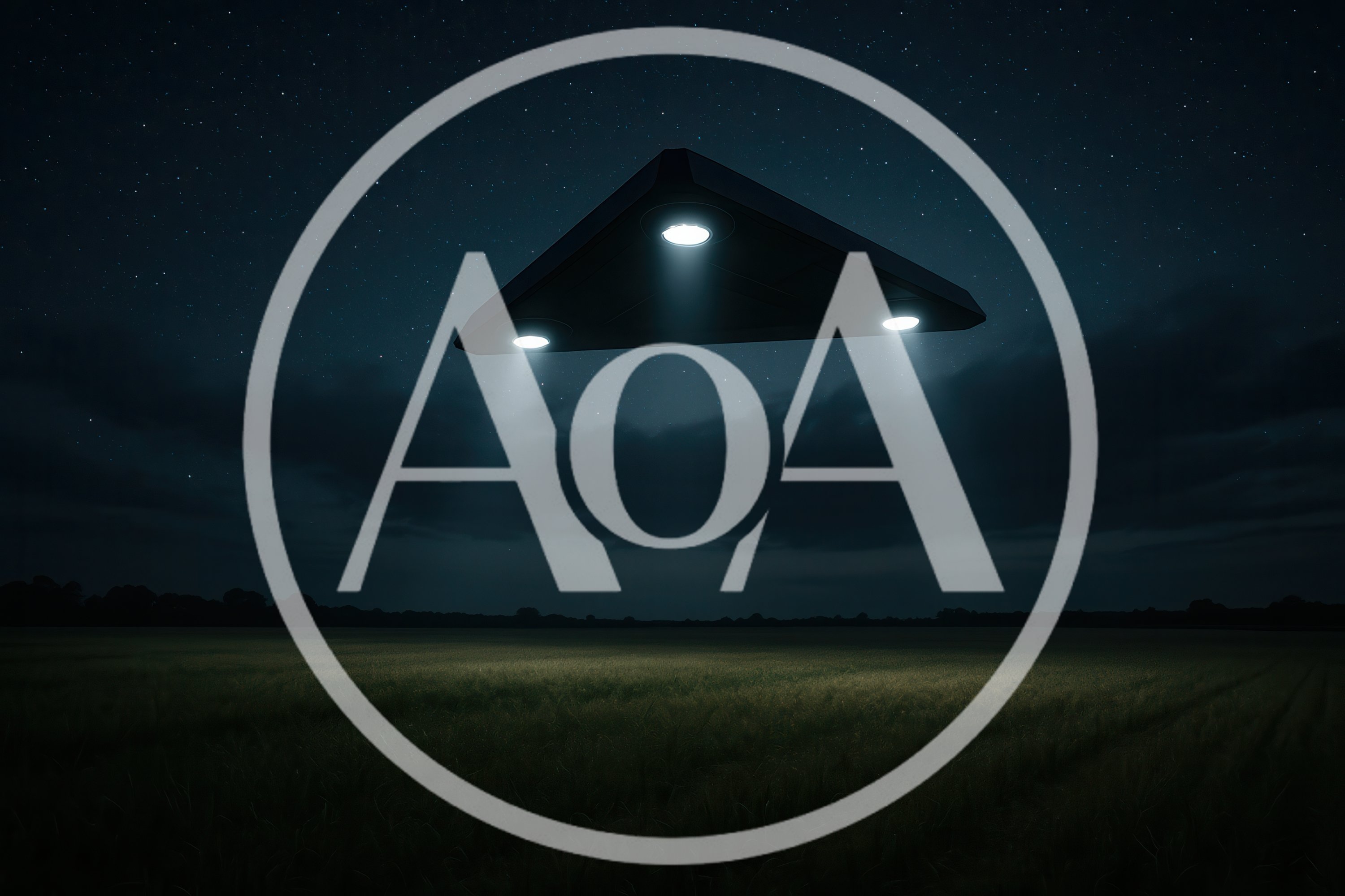 Triangular UFO Hovering Over A Dark Rural Field