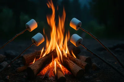 Four Marshmallows Roasting Over A Campfire At Night