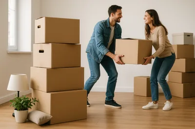 Happy Couple Moving Into New Home With Cardboard Boxes