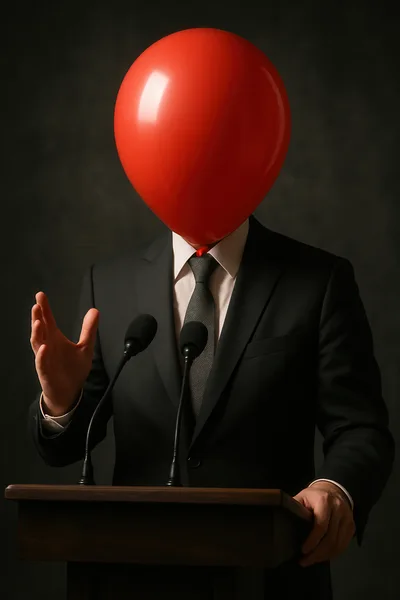 Person With Red Balloon Head Giving A Speech