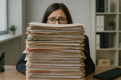 Stressed Office Worker Behind Large Stack Of Paperwork