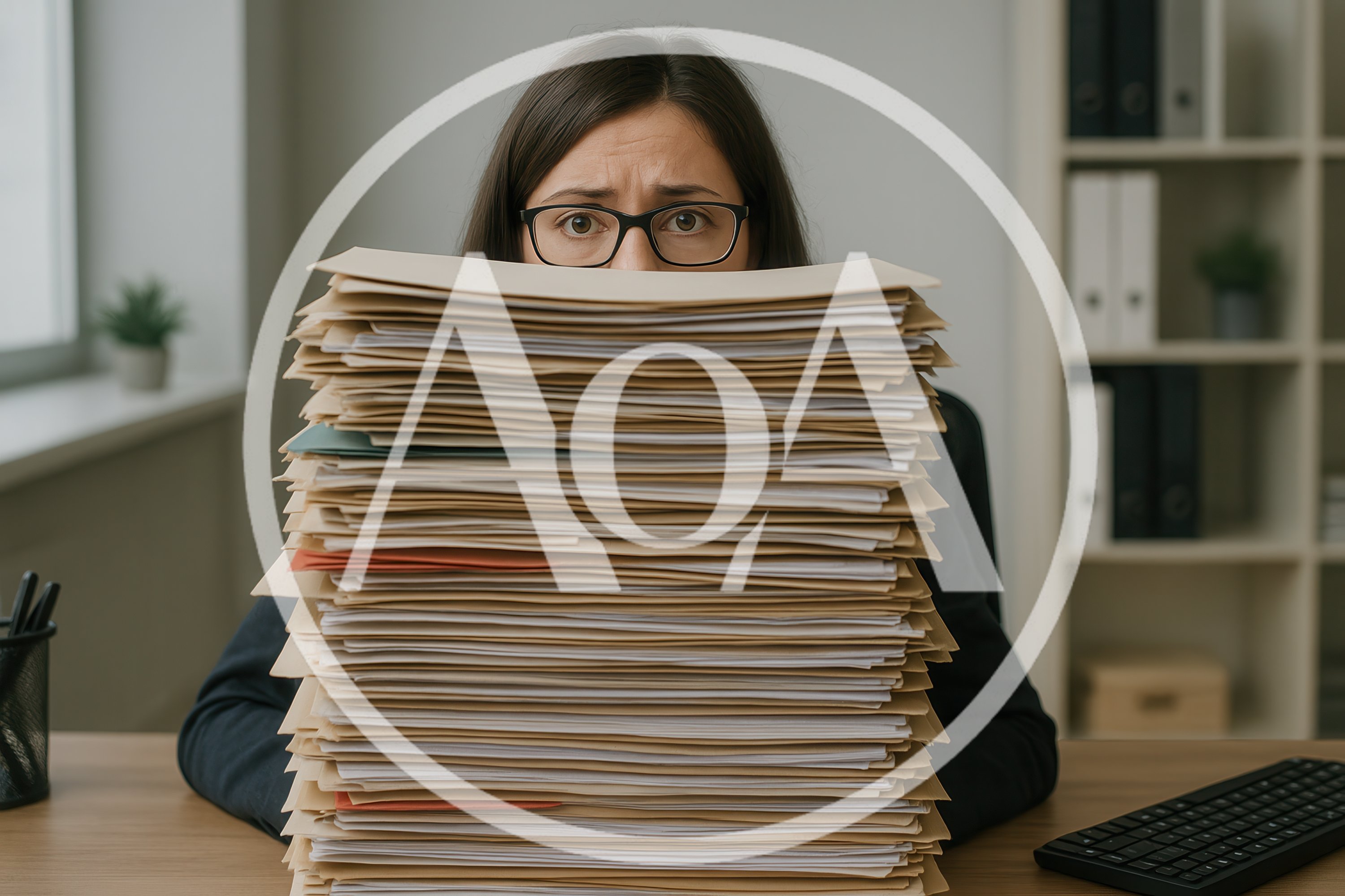 Stressed Office Worker Behind Large Stack Of Paperwork