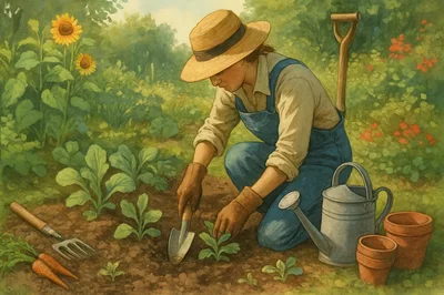 Gardener Planting Seedlings In A Sunny Vegetable Garden