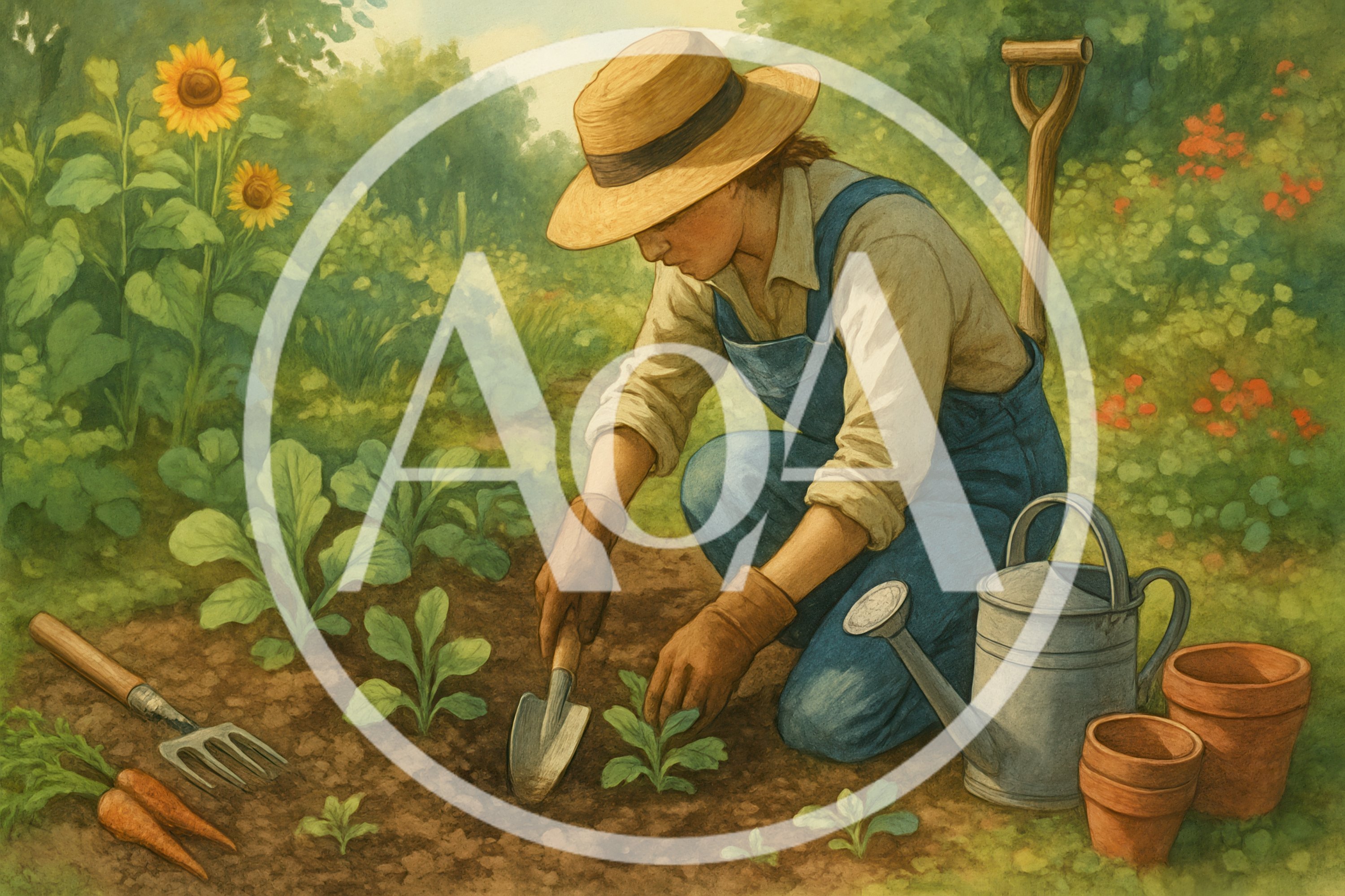 Gardener Planting Seedlings In A Sunny Vegetable Garden