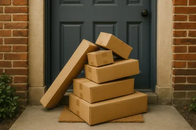 Stack Of Cardboard Delivery Boxes On Front Porch