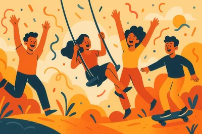 Happy Friends Playing Outdoors In Flat Illustration Style
