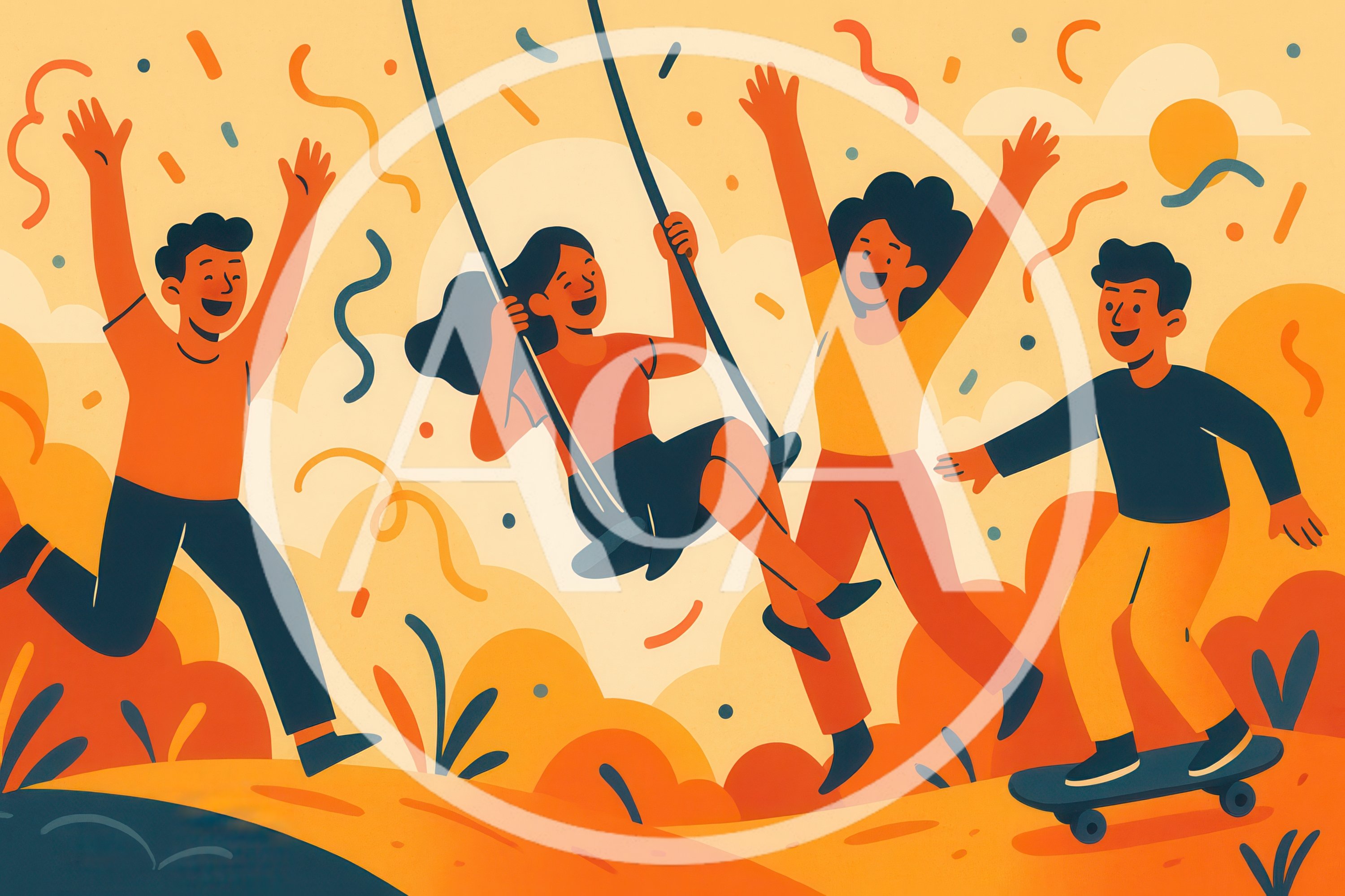 Happy Friends Playing Outdoors In Flat Illustration Style