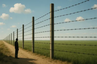 Man Standing Alone Beside A Long Barbed Wire Fence