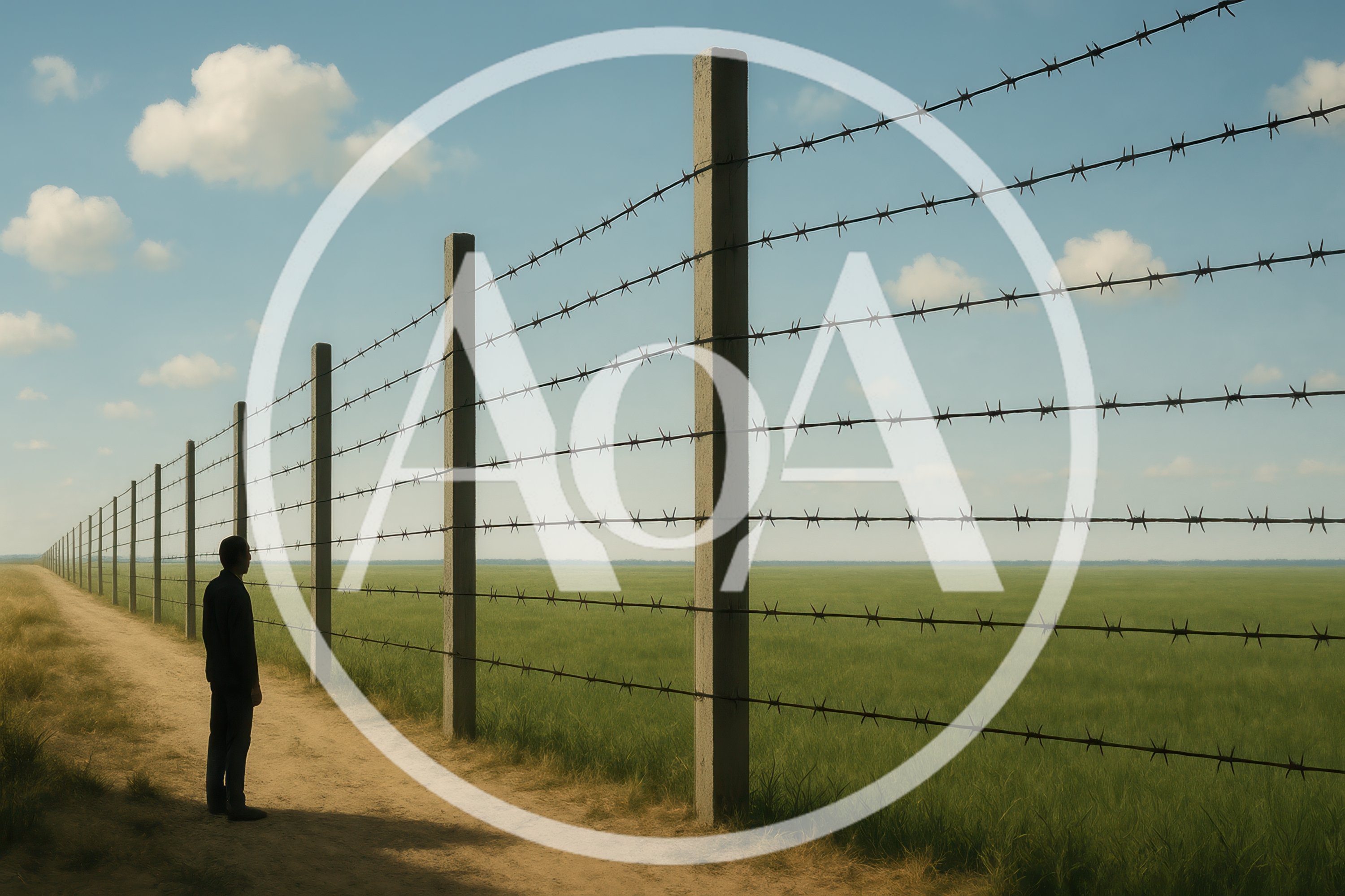 Man Standing Alone Beside A Long Barbed Wire Fence