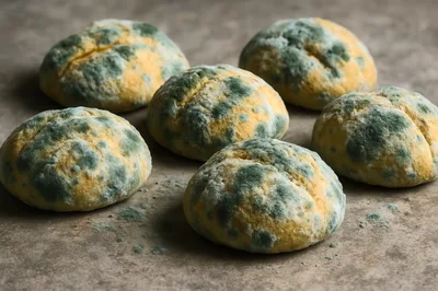 Group Of Moldy Bread Rolls On A Surface