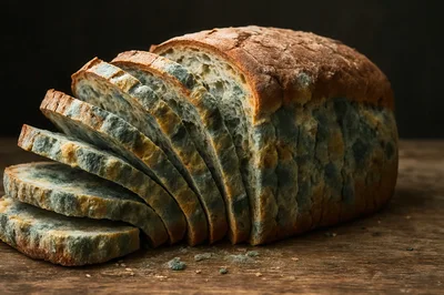 Moldy Sliced Loaf Of Bread On Wooden Table