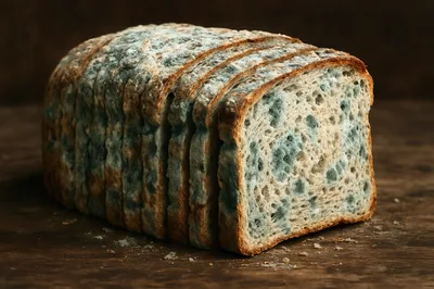 Moldy Sliced Bread Loaf on Wooden Surface