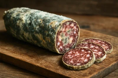 Cured Salami Sausage With Mold On Wooden Board
