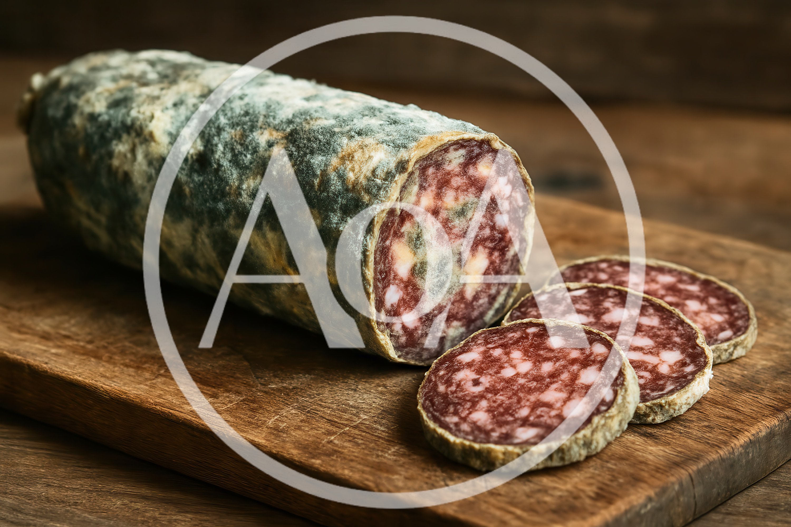 Cured Salami Sausage With Mold On Wooden Board
