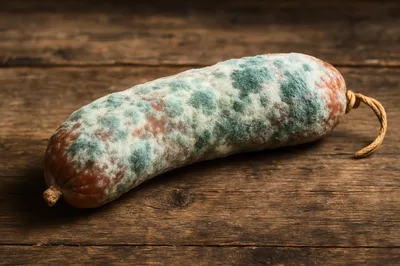 Moldy Sausage On A Rustic Wooden Table