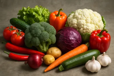 Fresh Assorted Vegetables Arranged on a Grey Surface