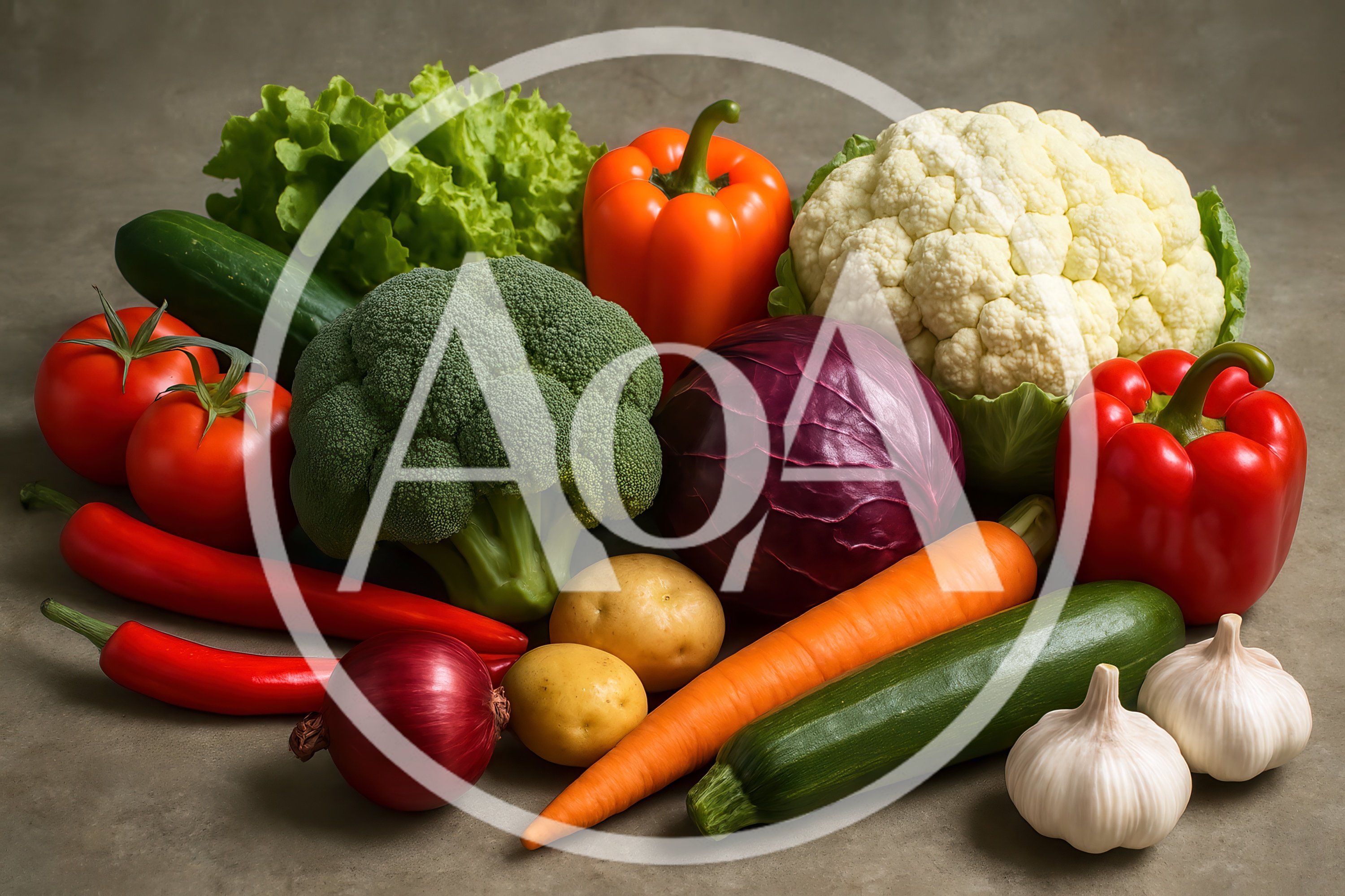 Fresh Assorted Vegetables Arranged on a Grey Surface