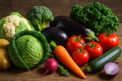 Fresh Assorted Vegetables Arranged On A Wooden Table