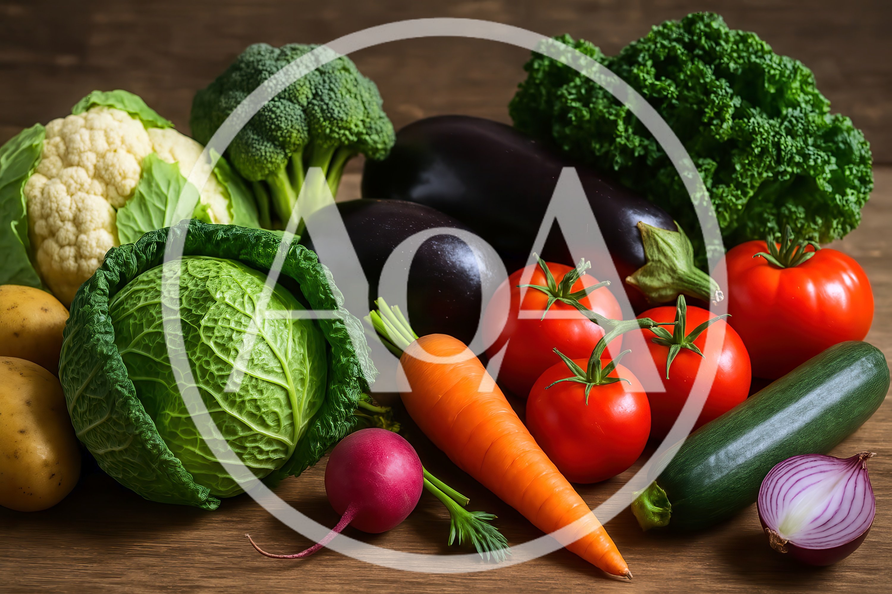 Fresh Assorted Vegetables Arranged On A Wooden Table