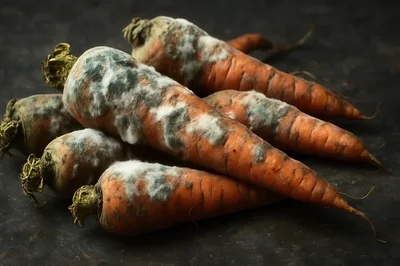 Group Of Moldy Carrots On Dark Surface