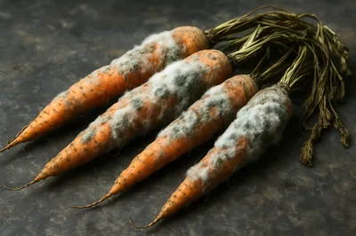 Four Moldy Carrots On A Dark Surface