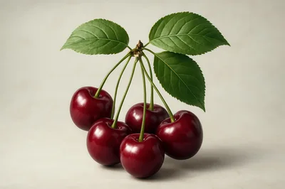 Five Fresh Red Cherries With Green Leaves