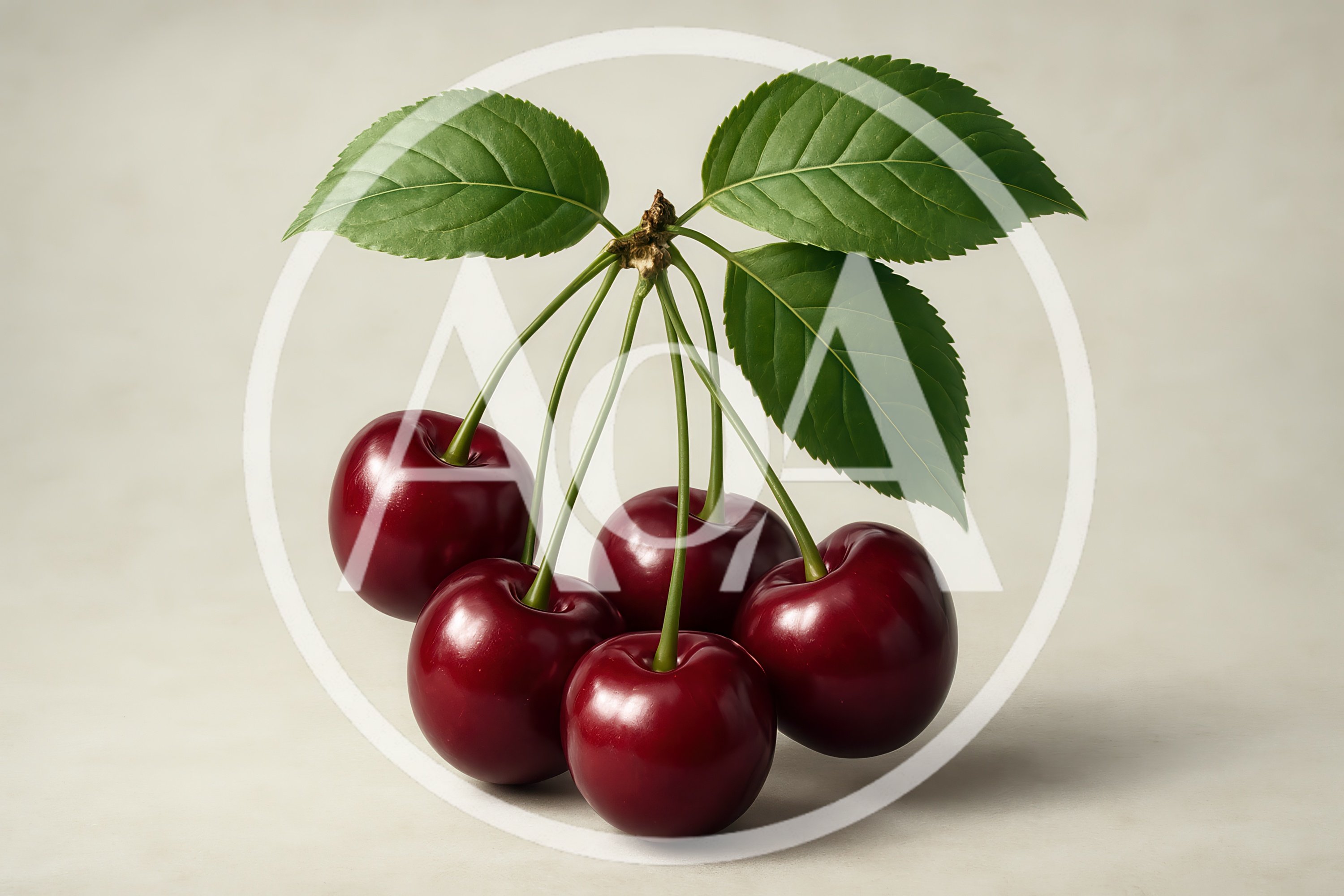 Five Fresh Red Cherries With Green Leaves