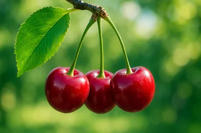 Three Fresh Red Cherries Hanging From A Branch